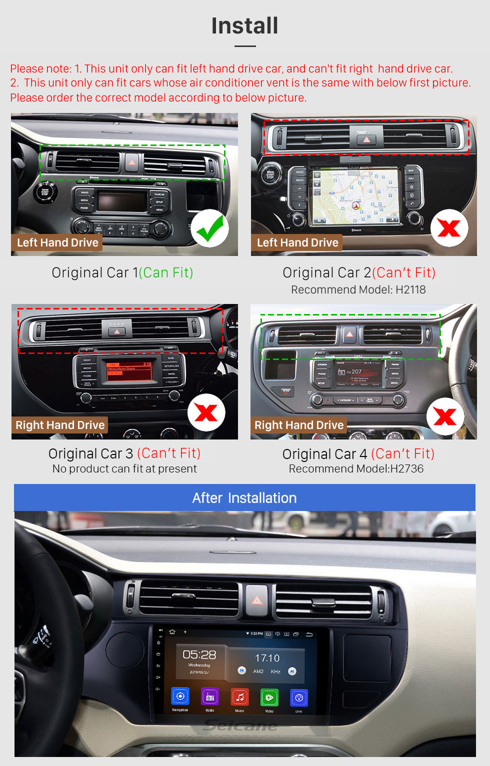 Seicane Écran tactile HD 2012-2014 Kia Rio LHD Kia Rio EX Android 11.0 Radio de navigation GPS 9 pouces Bluetooth Carplay AUX USB Prise en charge de la musique SWC OBD2 Mirror Link Caméra de recul