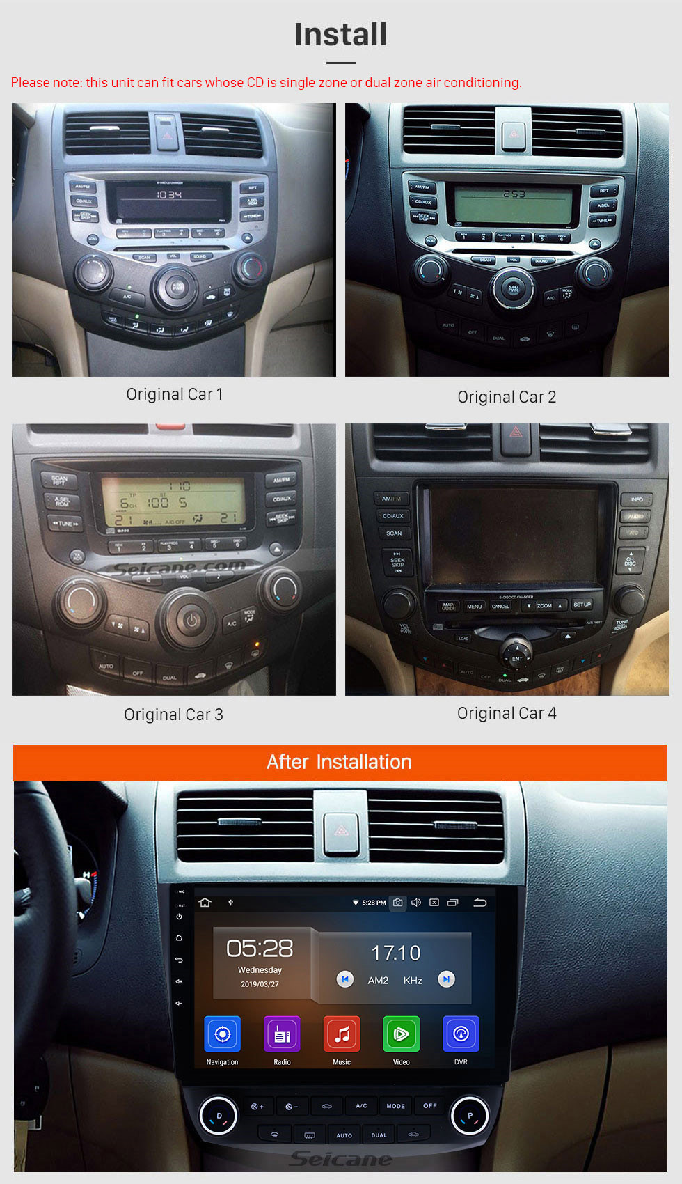 Seicane 10.1 pulgadas HD Pantalla táctil Android 11.0 2003 2004 2005 2006 2007 Honda Accord 7 Radio Navegación GPS Bluetooth USB WIFI 1080P Soporte OBD2 DVR Retrovisor