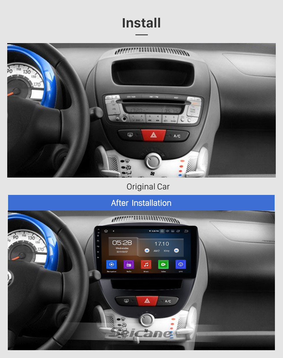 Seicane 10.1 pulgadas Android 11.0 2005-2014 Toyota Aygo Radio de navegación GPS con pantalla táctil Carplay Bluetooth Música USB AUX apoyo OBD2 DVR DAB + TPMS