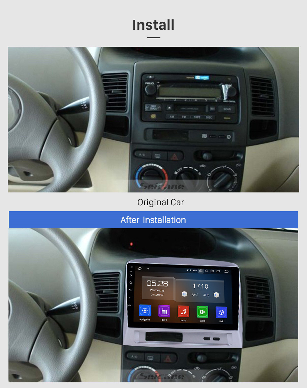 Seicane 9 polegada 2004 Toyota Vios Android 11.0 Navegação GPS Rádio Bluetooth HD Touchscreen AUX Carplay Música suporte 1080 P Vídeo Digital TV câmera Traseira