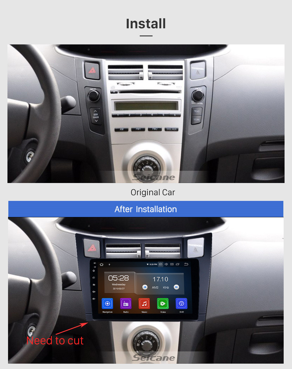 Seicane Écran tactile HD 2005-2011 Toyota Yaris / Vitz / Platz Android 11.0 9 pouces Radio de navigation GPS Bluetooth USB Carplay WIFI AUX support DAB + Commande au volant