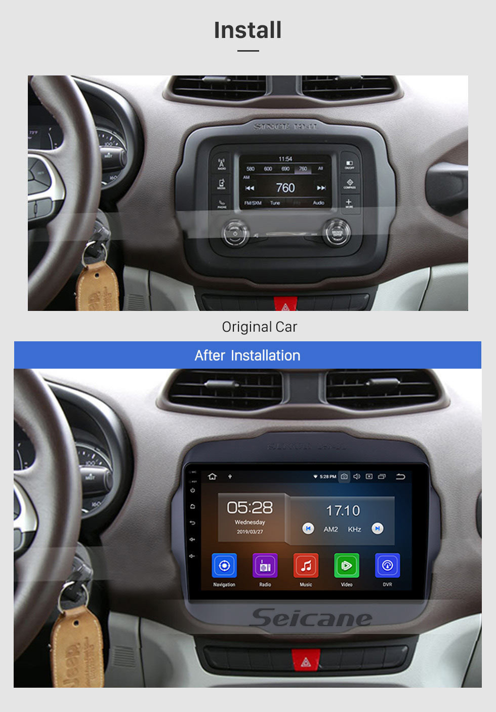 Seicane 9 Zoll Android 11.0 2016 Jeep Renegade HD Touchscreen Radio GPS Navigationssystem Unterstützung WIFI 3G Bluetooth Musik USB OBD2 AUX Rückfahrkamera DVR Lenkradsteuerung