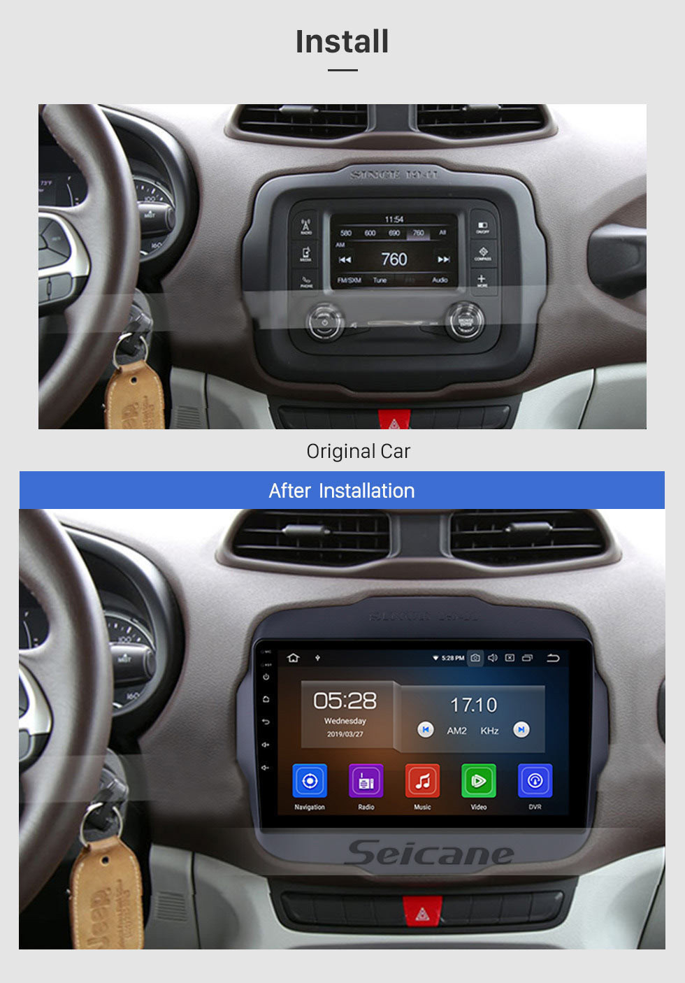 Seicane 9 pulgadas Android 11.0 2016 Jeep Renegade HD Pantalla táctil Radio Sistema de navegación GPS Soporte WIFI 3G Bluetooth Música USB OBD2 AUX Cámara de respaldo DVR Control del volante