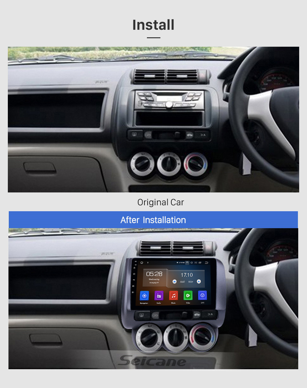 Seicane 2002-2008 Honda Jazz Manual AC Android 11.0 9 polegada Navegação GPS Rádio Bluetooth HD Touchscreen Carplay suporte TV Digital