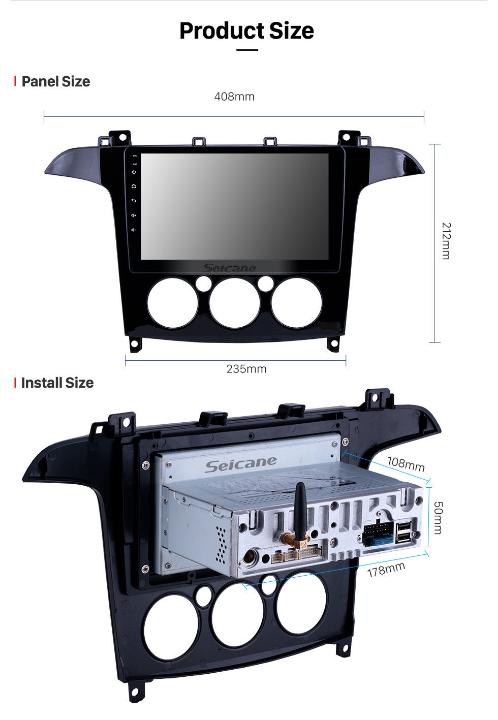 Seicane Android 11.0 Radio de navigation GPS 9 pouces pour 2007-2008 Ford S-Max Manual A / C avec écran tactile HD Prise en charge de Bluetooth par Carplay Télévision numérique