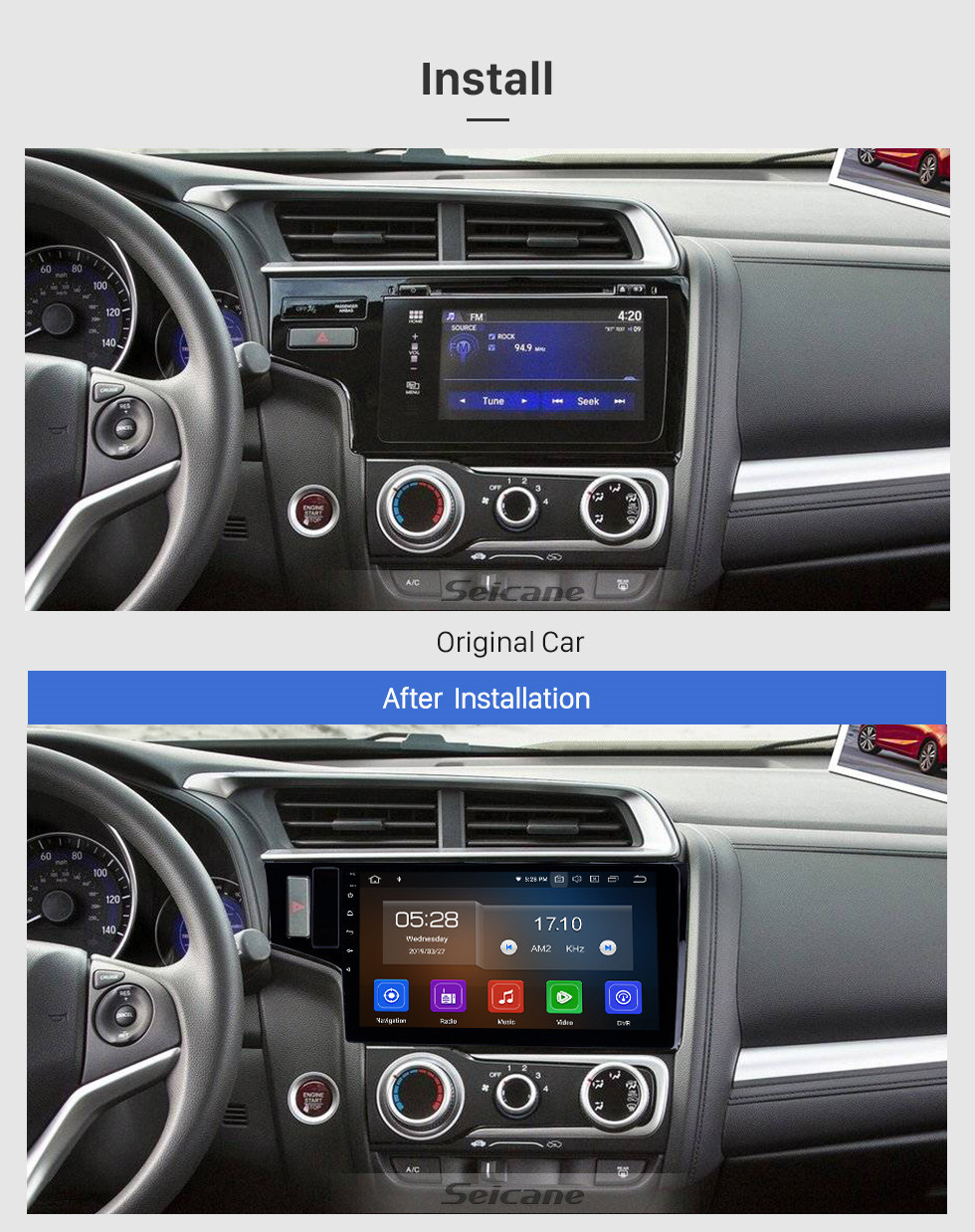 Seicane Rádio Android 11.0 de 10,1 polegadas para Honda Fit LHD 2013-2015 com AUX Bluetooth Touchscreen GPS Navigation Carplay com suporte SWC