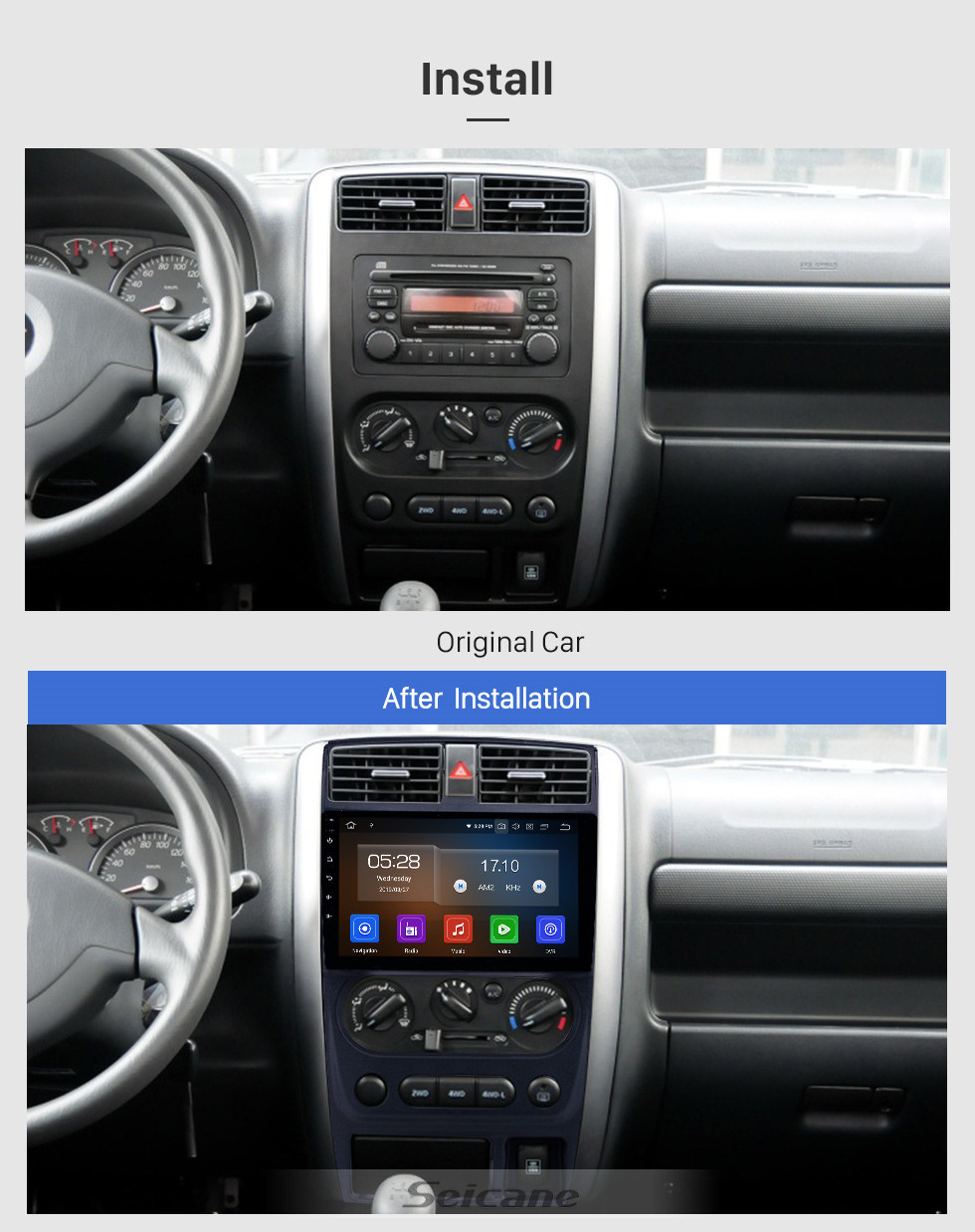 Seicane Сенсорный экран HD 2007-2012 Suzuki JIMNY Android 12.0 Радио GPS Автомобильная стереосистема Bluetooth Музыка MP3 ТВ-тюнер AUX Управление рулевым колесом Поддержка USB Камера заднего вида CD DVD-плеер