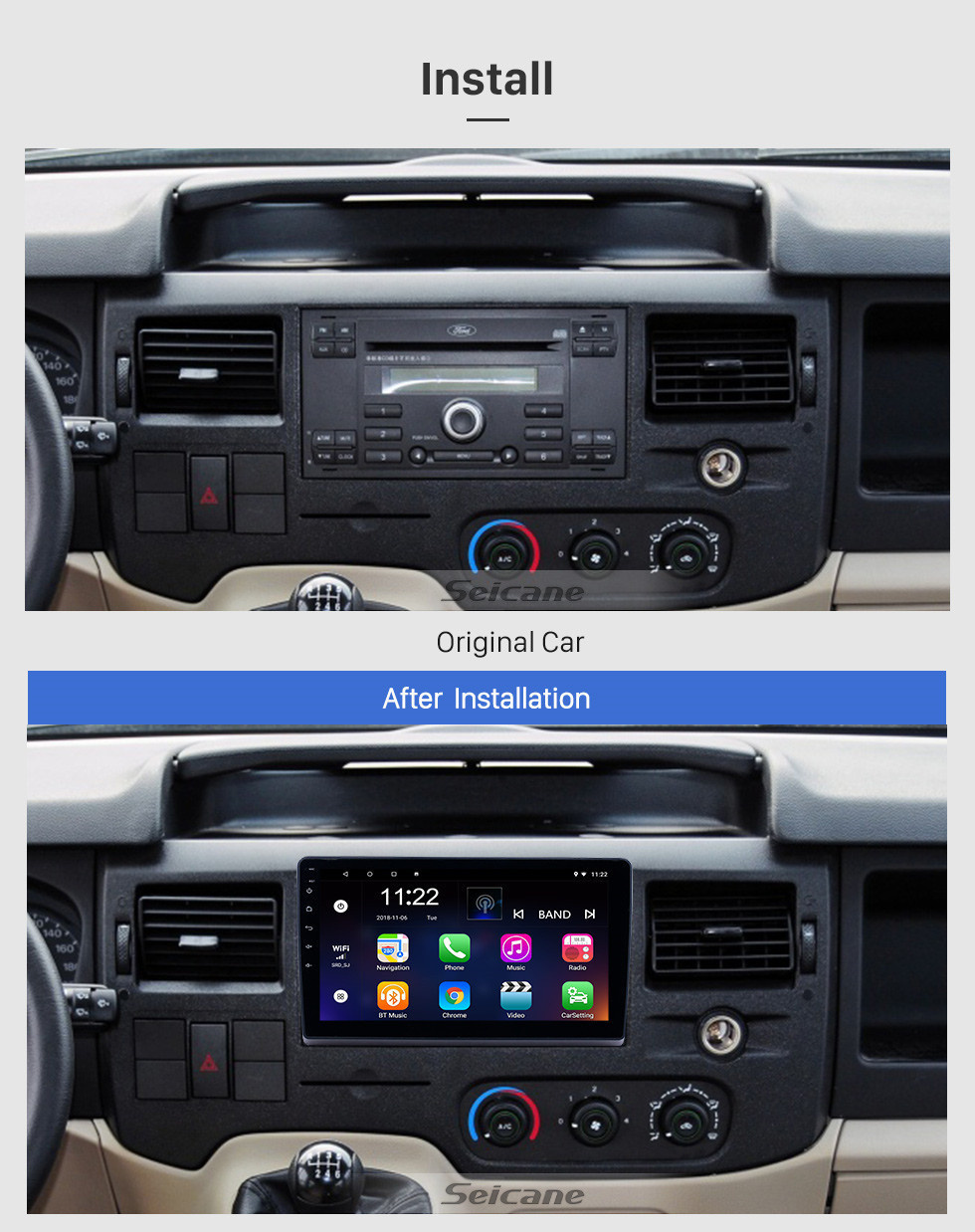 Seicane 10,1 pouces Android 11.0 Radio de navigation GPS pour 2009-2019 Ford New Transit Bluetooth HD écran tactile AUX Carplay support caméra de recul