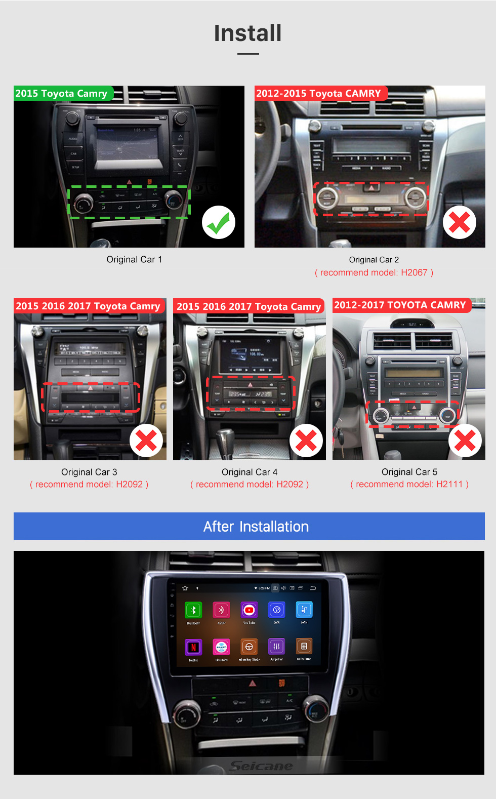 Seicane Radio de navegación GPS Android 11.0 de 10.1 pulgadas para Toyota Camry 2015 version Versión para América） Pantalla táctil Bluetooth HD Carplay compatible Cámara de respaldo