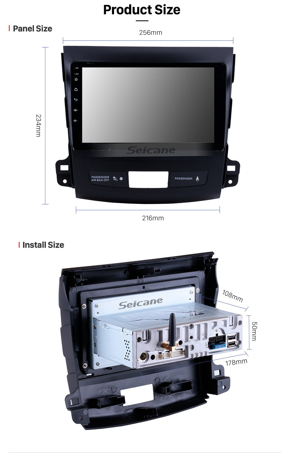 Seicane 9 pouces Android 11.0 Radio à écran tactile Bluetooth Système de navigation GPS pour 2006-2014 Mitsubishi OUTLANDER Support TPMS DVR OBD II USB SD 3G WiFi Caméra arrière Commande au volant HD 1080P Vidéo AUX