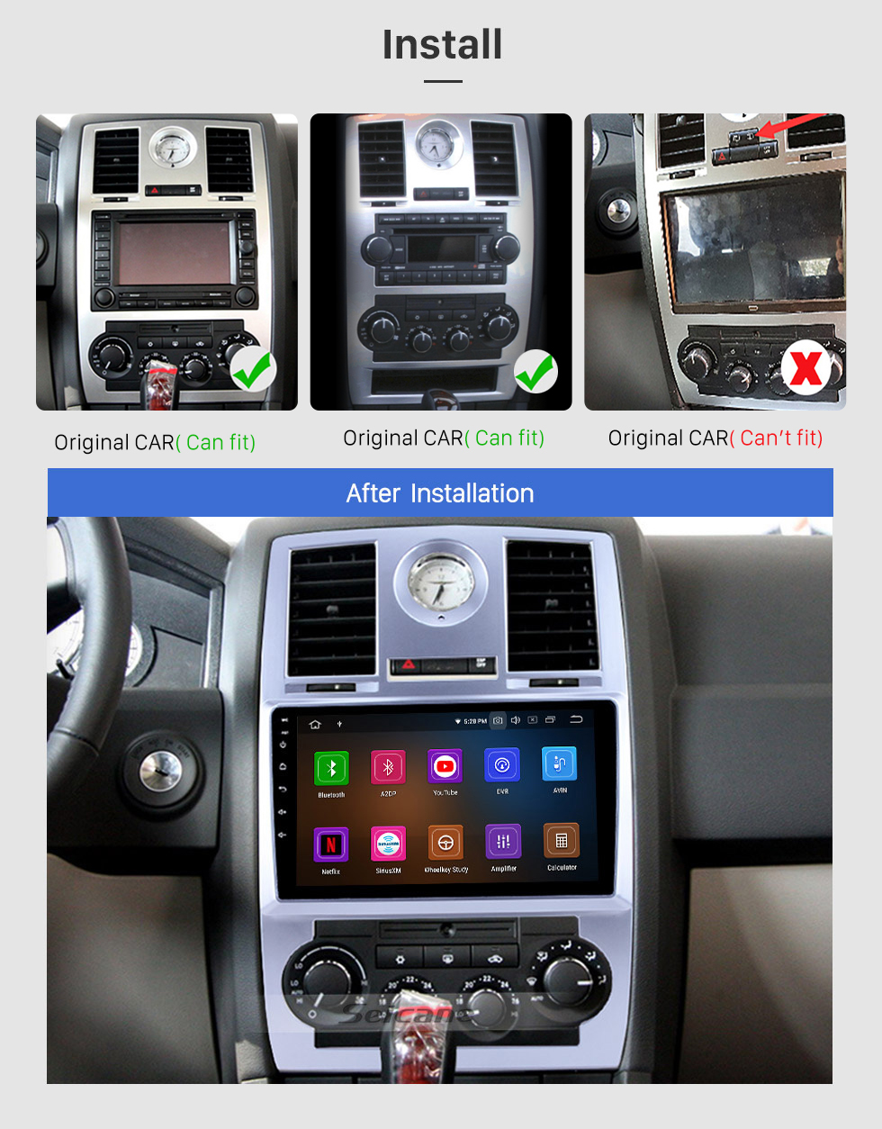 Seicane 2004 2005 2006 2007 2008 chrysler aspen 300c 9 polegadas android 11.0 sistema de navegação gps rádio automático 1080 p hd tela de toque bluetooth suporte obdii dvr backup câmera retrovisor tv wifi