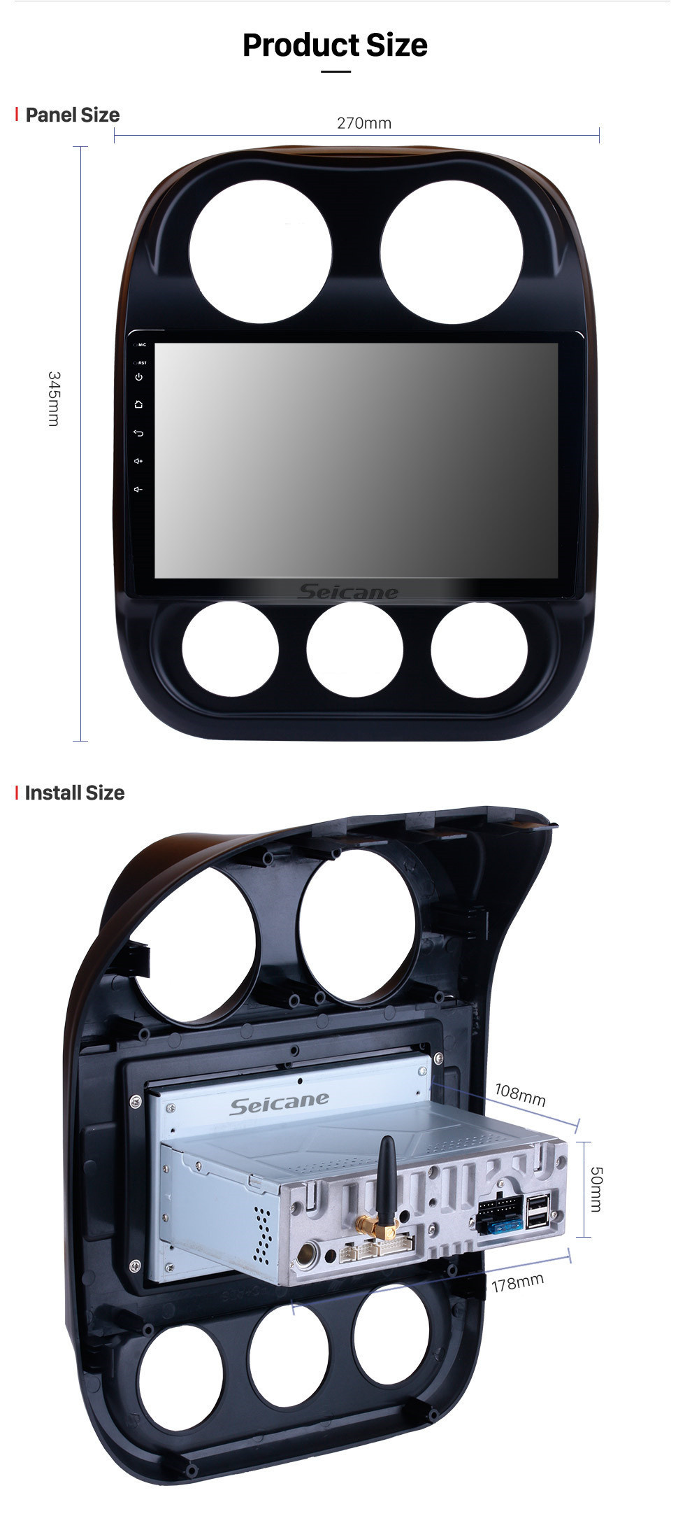 Seicane 10,1 pouces Android 11.0 Radio à écran tactile Bluetooth Système de navigation GPS pour 2014 2015 Prise en charge de Jeep Compass TPMS DVR OBD II USB SD 3G WiFi Caméra arrière Commande au volant HD 1080P Vidéo AUX