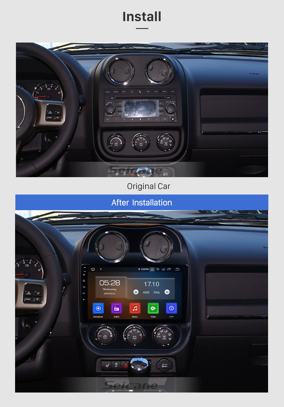 Seicane 10.1 Inch Android 11.0 Touch Screen radio Bluetooth GPS Navigation system For 2014 2015 Jeep Compass and 2016 JEEP PATRIOT support TPMS DVR OBD II USB SD  WiFi Rear camera Steering Wheel Control HD 1080P Video AUX