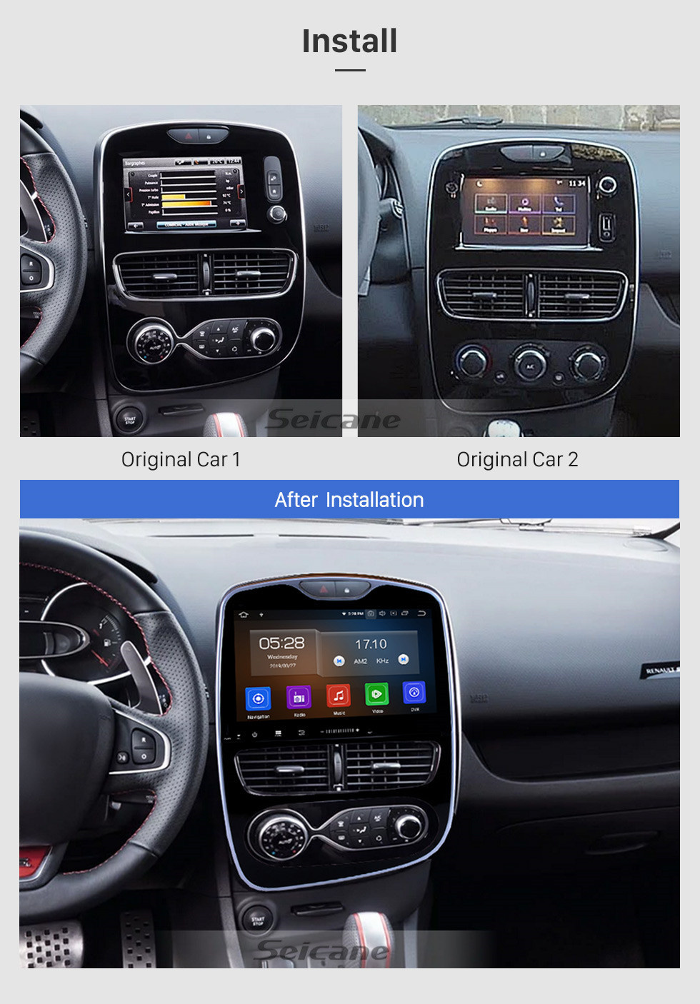 Seicane 10,1 pouces Android 11.0 HD Système de navigation GPS Radio à écran tactile pour 2016-2018 Renault Clio Numérique / Analogique (AT) Support Voiture Stéréo Bluetooth 3G / 4G WIFI OBDII Vidéo Commande au volant Caméra de recul