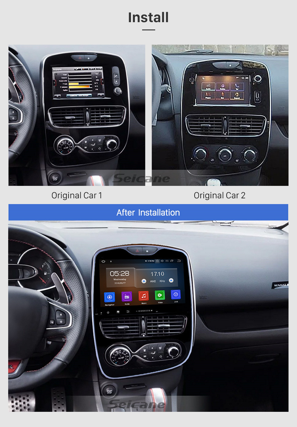 Seicane 10.1 pulgadas Android 11.0 HD Radio con pantalla táctil Sistema de navegación GPS para 2016-2018 Renault Clio Digital / Analógico (AT) Soporte para coche Estéreo Bluetooth 3G / 4G WIFI OBDII Video Control del volante Cámara de visión trasera