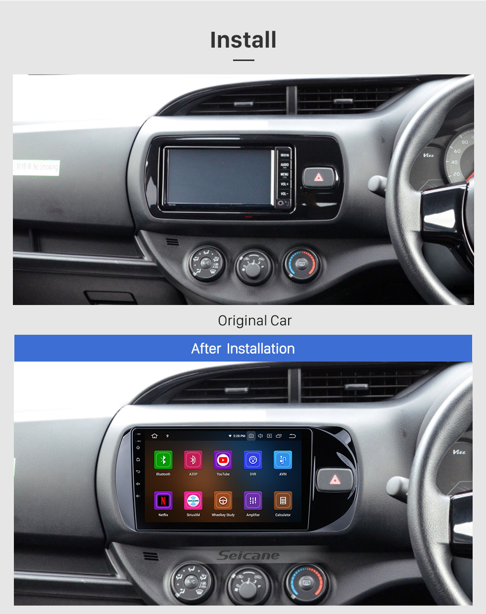 Seicane Andriod 11.0 HD Touchscreeen de 9 pulgadas 2015-2020 Toyota Vitz Conducción a la derecha Navegación por GPS para automóvil con sistema Bluetooth compatible con Carplay