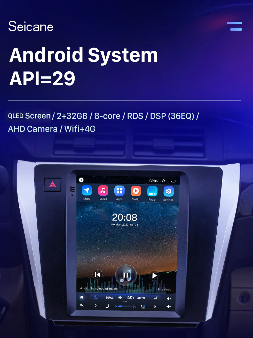 Seicane 9,7-дюймовый GPS-навигатор Android 10.0 для Toyota Camry 2015-2017 гг. с сенсорным экраном HD Bluetooth AUX с поддержкой Carplay OBD2
