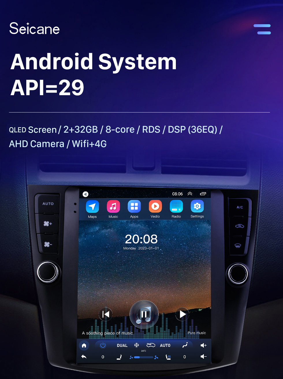 Seicane HD-Touchscreen 9,7 Zoll Android 10.0 Aftermarket GPS-Navigationsradio für 2003-2007 Honda Accord 7 mit Bluetooth-Telefon AUX FM-Lenkradsteuerung unterstützt DVD 1080P Video OBD2