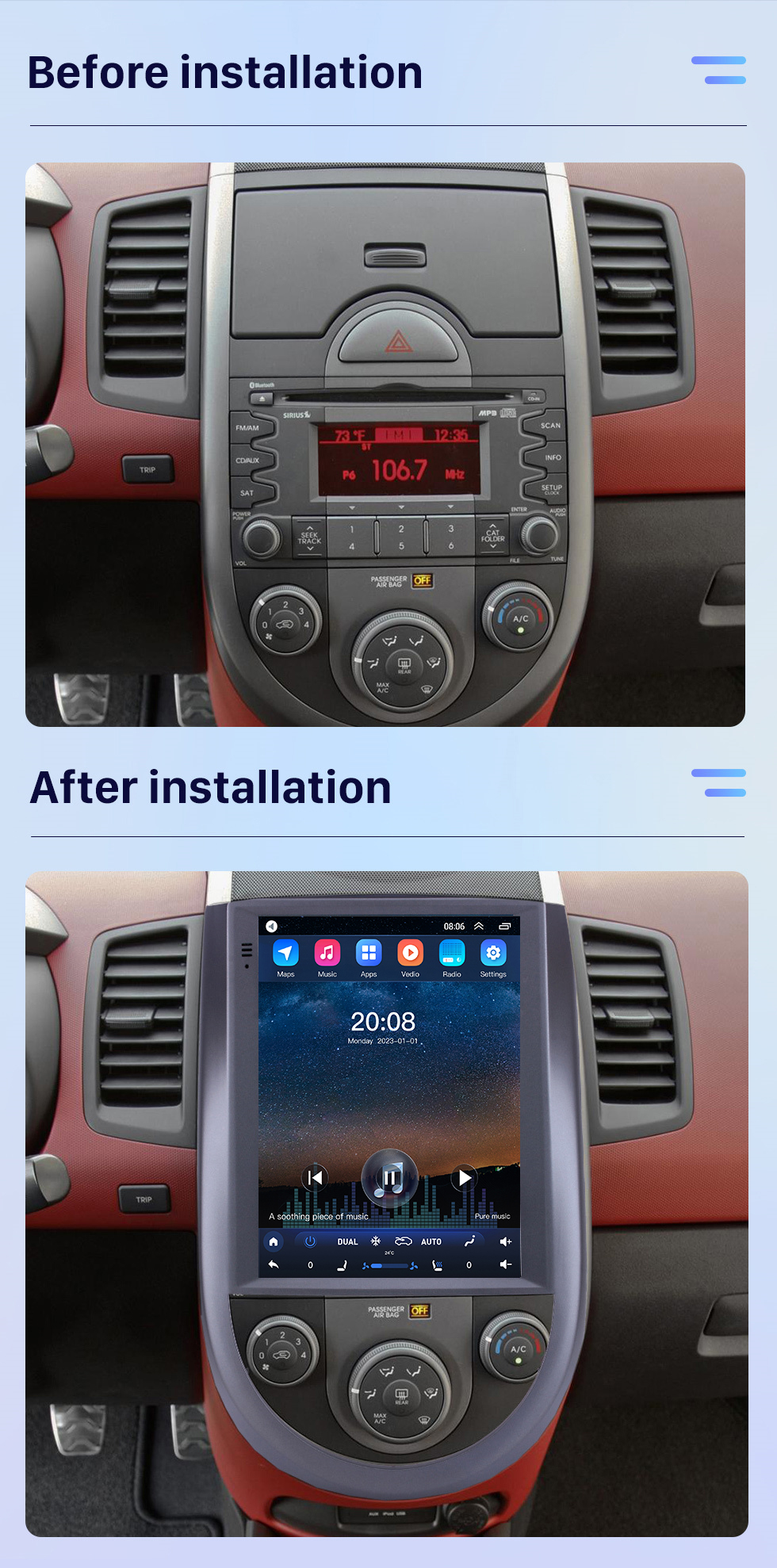 Seicane 2015 Kia Soul 9.7 pulgadas Pantalla táctil Android 10.0 Reproductor multimedia Bluetooth Sistema de navegación GPS Wifi FM Soporte USB DVR Control del volante Reproductor de DVD