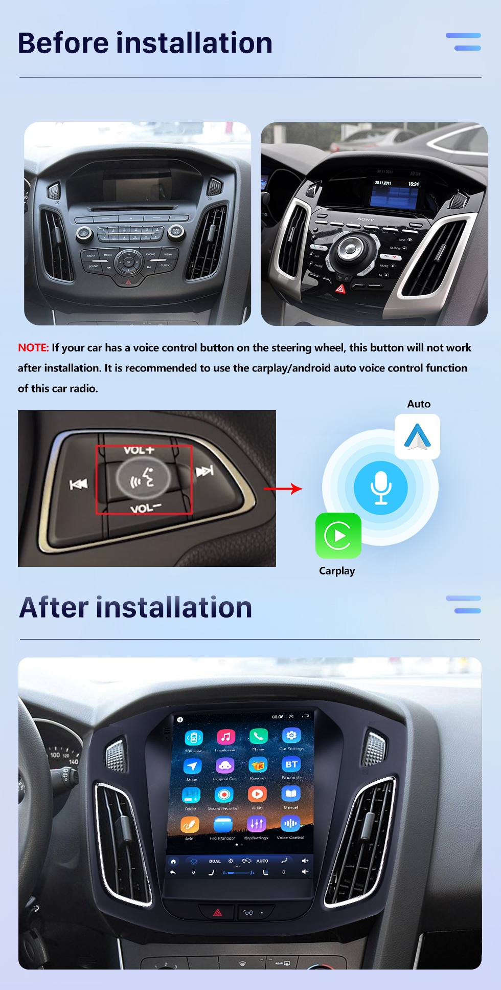 Seicane OEM 9.7 pulgadas Android 10.0 Radio para 2012-2015 Ford Focus Bluetooth WIFI HD Pantalla táctil Soporte de navegación GPS Carplay Cámara trasera DAB + OBD2