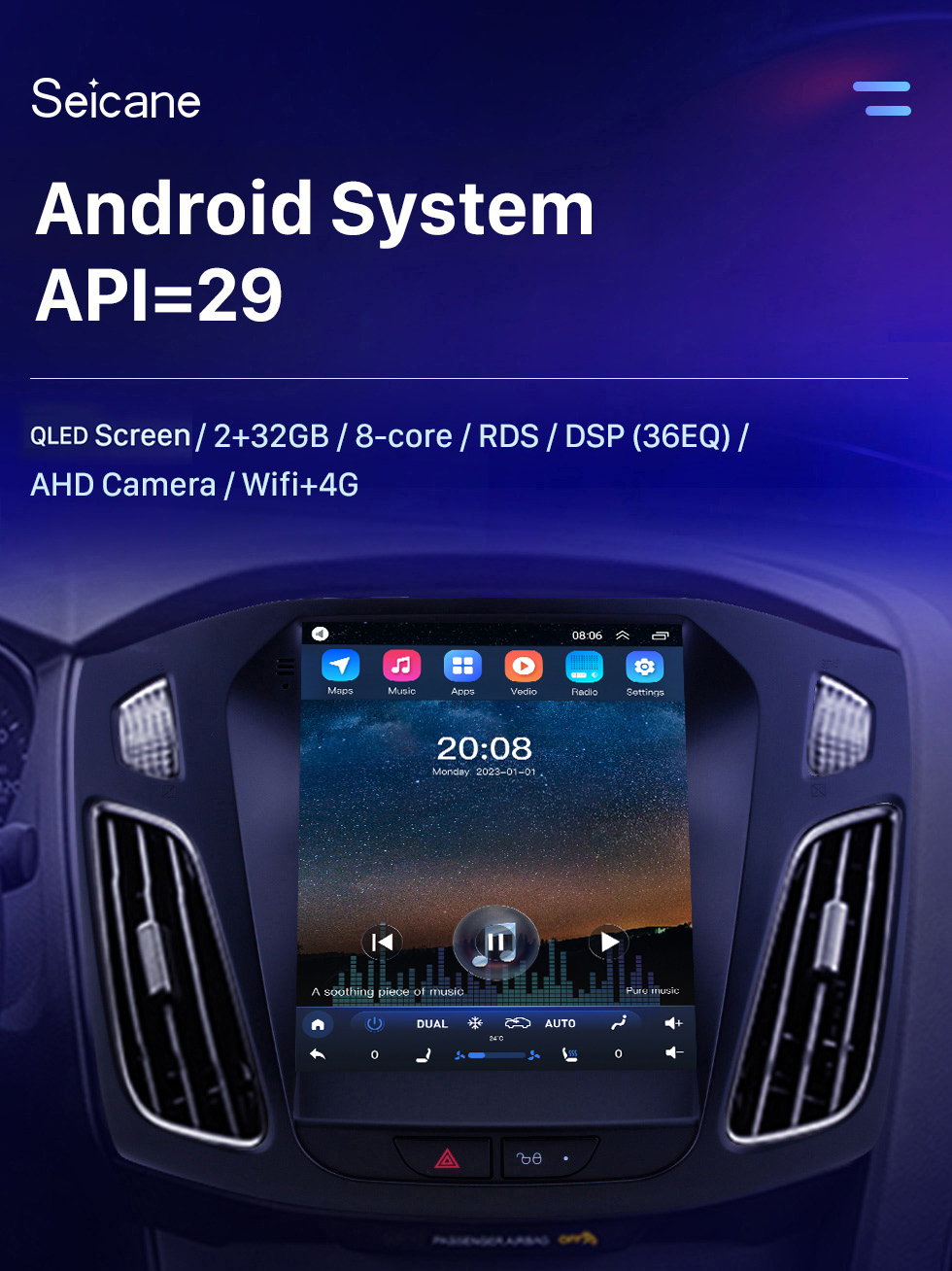 Seicane Android 10.0 2012 2013 2014 2015 Ford Focus 9,7-дюймовый сенсорный экран Tesla Style HD Автомобильная стереосистема Радио Головное устройство GPS-навигация Поддержка Bluetooth Управление рулевым колесом USB WIFI OBD2 Камера заднего вида