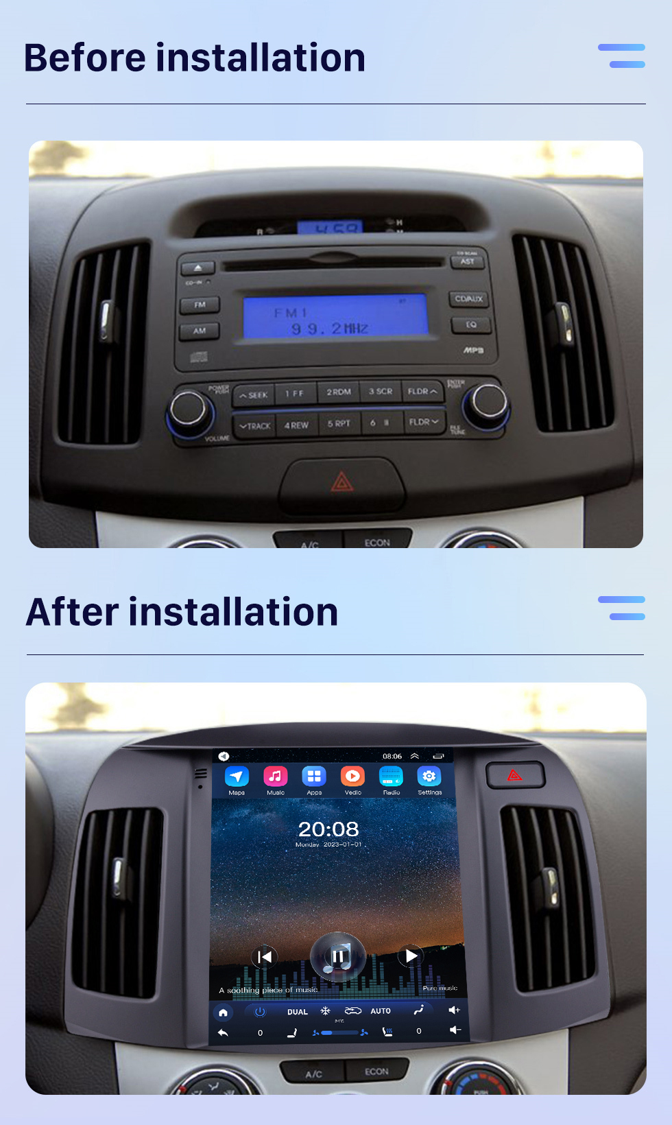 Seicane 9,7 polegadas hd touchscreen 2008 2009 2010 hyundai elantra android 10.0 rádio navegação gps com built-in carplay dsp bluetooth suporte de música 4g wifi controle de volante