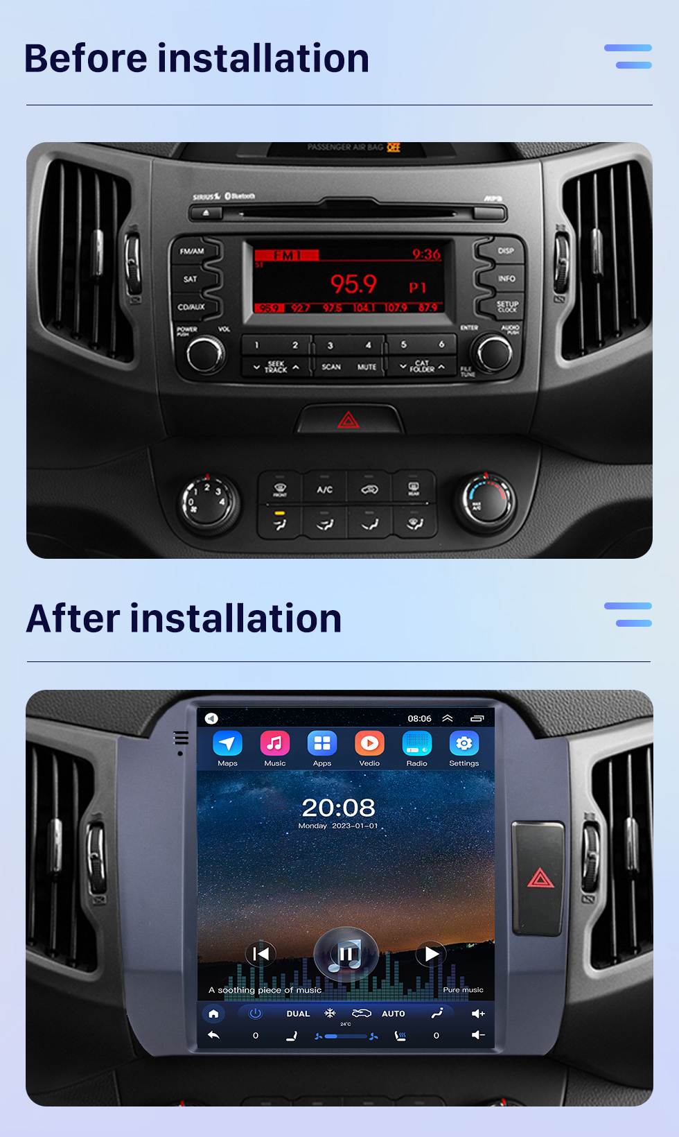 Seicane OEM 9.7 inch Car GPS Radio HD Touchscreen Android 10.0 Stereo for 2011-2017 KIA Sportage R RHD Navigation system Bluetooth Wifi Mirror Link USB support DVD Player Carplay 4G