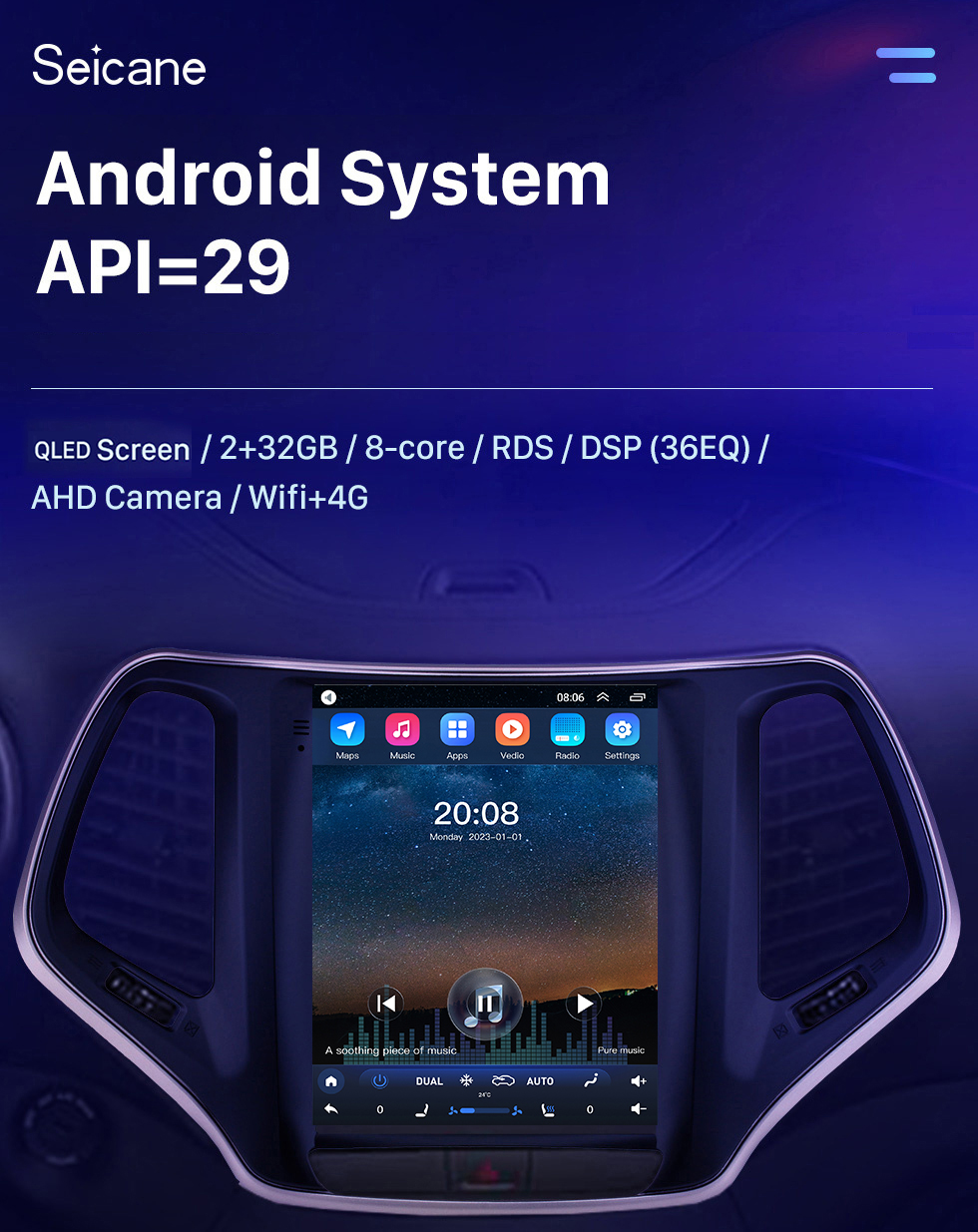 Seicane 9,7-дюймовый сенсорный экран HD 2016 2017 2018 Jeep Cherokee Android 10.0 Радио GPS-навигация Bluetooth Музыка USB WIFI Аудиосистема Поддержка DVR OBD2 TPMS Цифровое телевидение