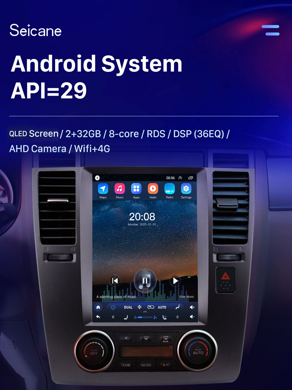 Seicane 9,7-дюймовый Android 10.0 2005-2010 Nissan Tiida GPS-навигация Радио с сенсорным экраном Bluetooth AUX WIFI Поддержка музыки OBD2 DVR Carplay Mirror Link