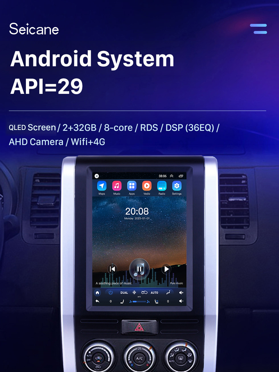 Seicane 9,7 pouces Android 10.0 pour 2008-2012 Nissan X-Trail MX6 Radio de navigation GPS avec écran tactile Bluetooth USB AUX WIFI prise en charge TPMS TV numérique Carplay