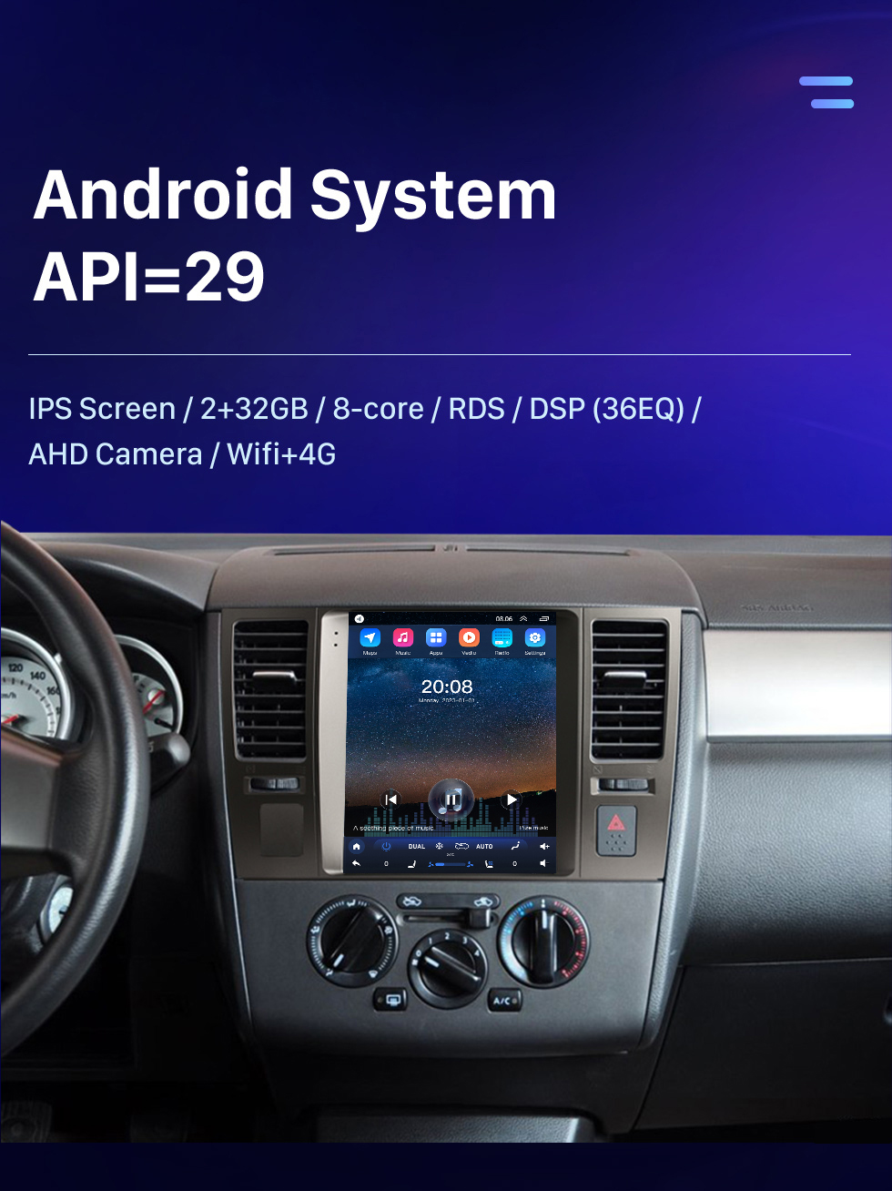 Seicane 2008-2011 Nissan Tiida 9,7-дюймовый Android 10.0 GPS-навигация Радио с сенсорным экраном Bluetooth USB WIFI поддержка Carplay Задняя камера