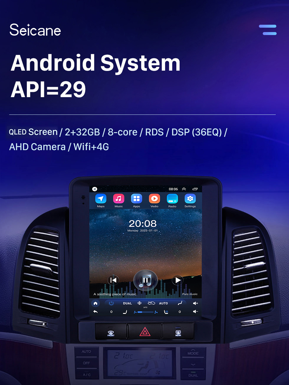 Seicane Écran tactile HD 2005-2012 Hyundai Santafe Android 10.0 9,7 pouces Radio de navigation GPS Prise en charge Bluetooth Commande au volant Carplay