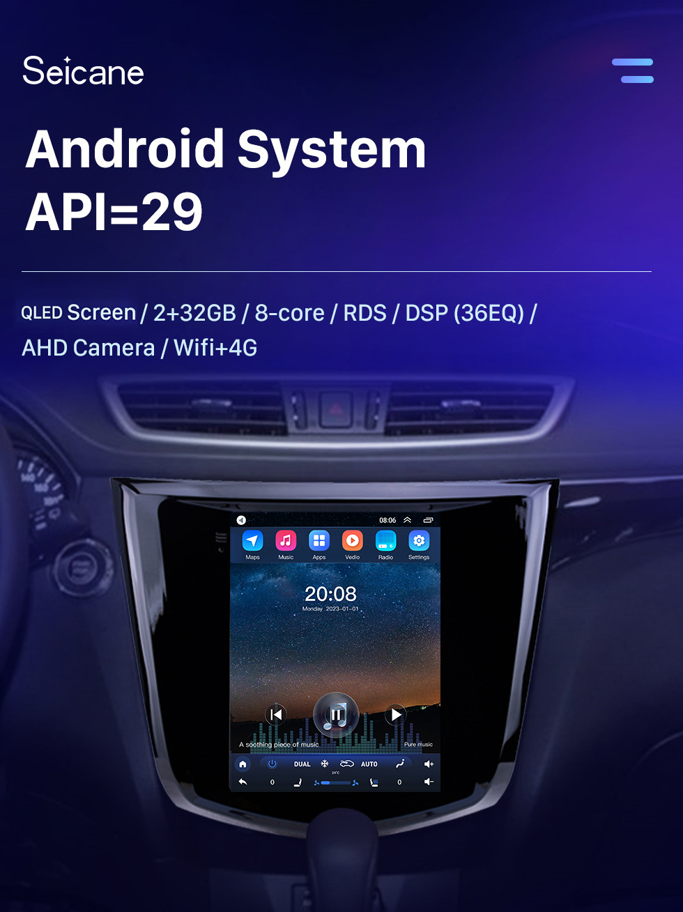 Seicane 9,7-дюймовый Android 10.0 для Nissan X-Trail Qashqai 2014 года Радио GPS-навигационная система с сенсорным экраном HD Поддержка Bluetooth Carplay TPMS