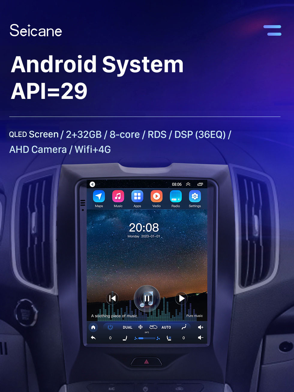 Seicane 2015-2018 Ford Edge 9,7 pouces Android 10.0 Radio de navigation GPS avec écran tactile HD Prise en charge Bluetooth Carplay Caméra arrière