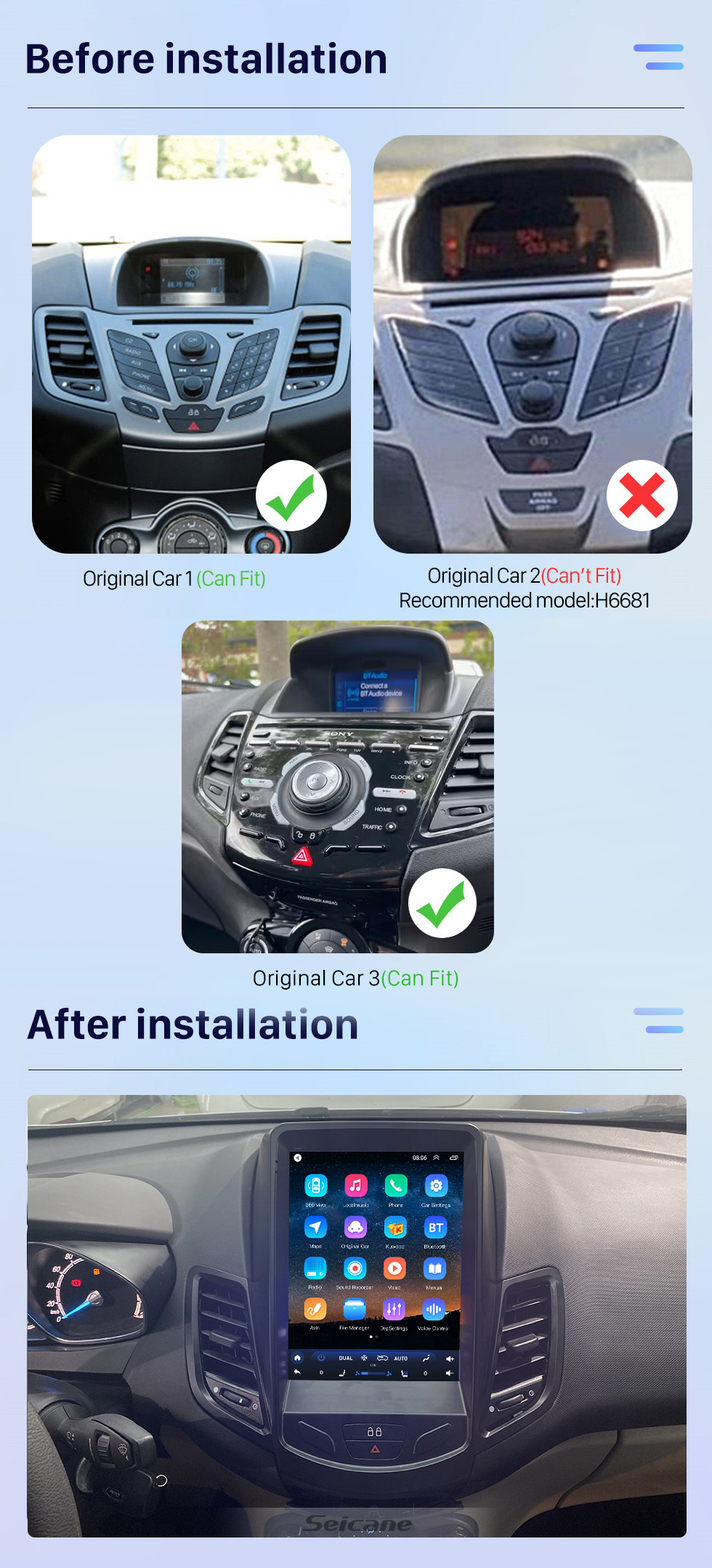 Seicane Für 2009-2014 Ford Fiesta 9,7 Zoll Android 10.0 GPS Navigationsradio mit HD Touchscreen Bluetooth WIFI AUX Unterstützung Carplay Rückfahrkamera