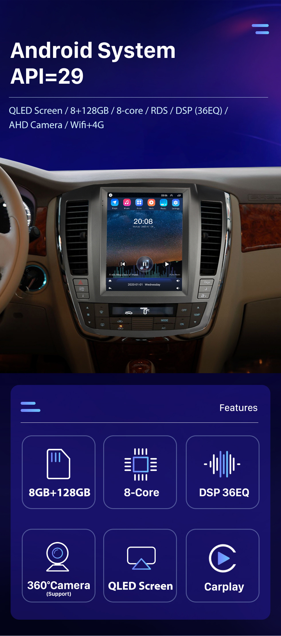 Seicane Android 10.0 9,7 pouces pour 2006-2008 Buick Lacrosse Radio avec navigation GPS Écran tactile HD Prise en charge Bluetooth Carplay DVR OBD2