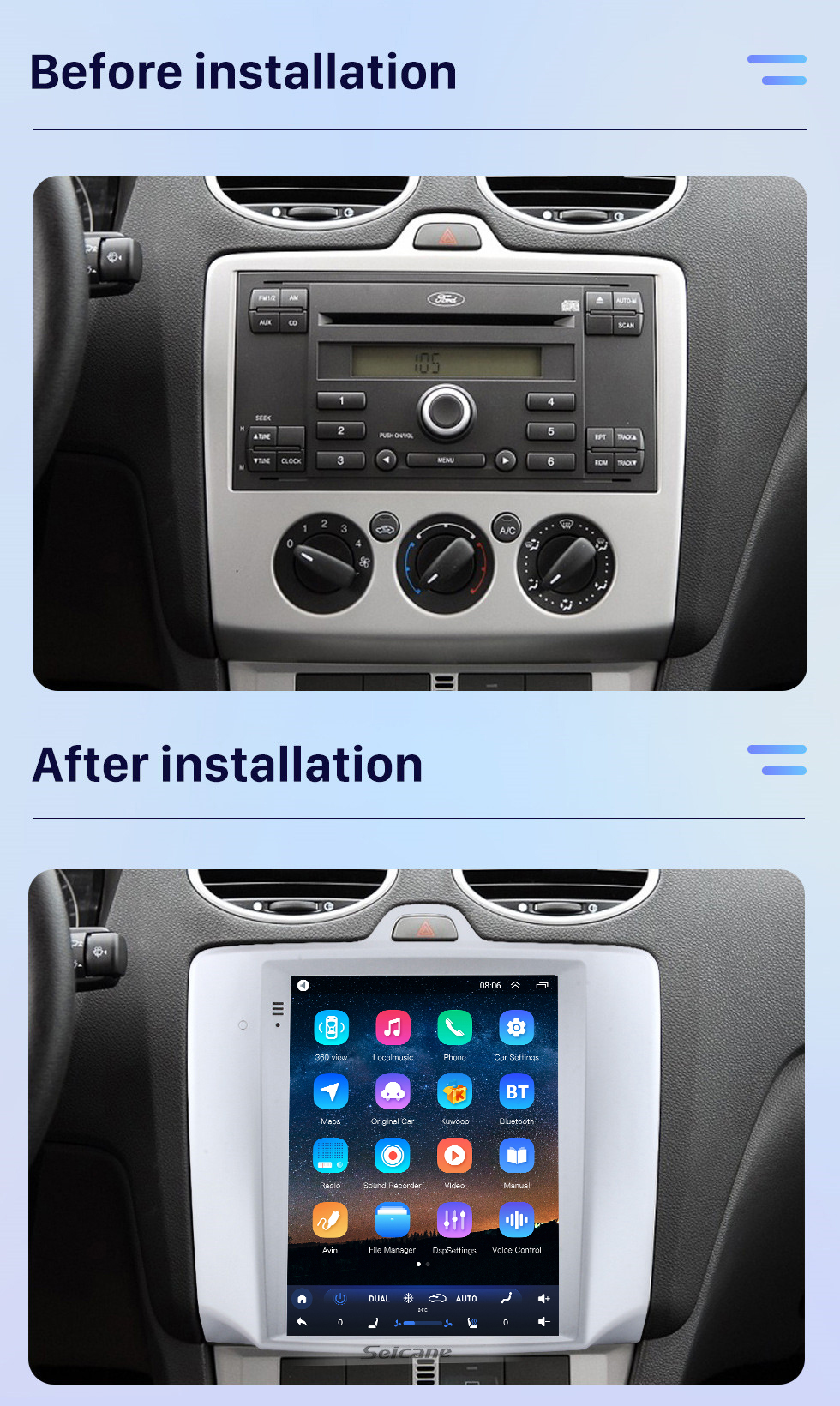 Seicane 2005-2014 Ford Classic Focus 9,7 pouces Android 10.0 Radio de navigation GPS avec écran tactile HD Prise en charge Bluetooth WIFI AUX Carplay Caméra de recul