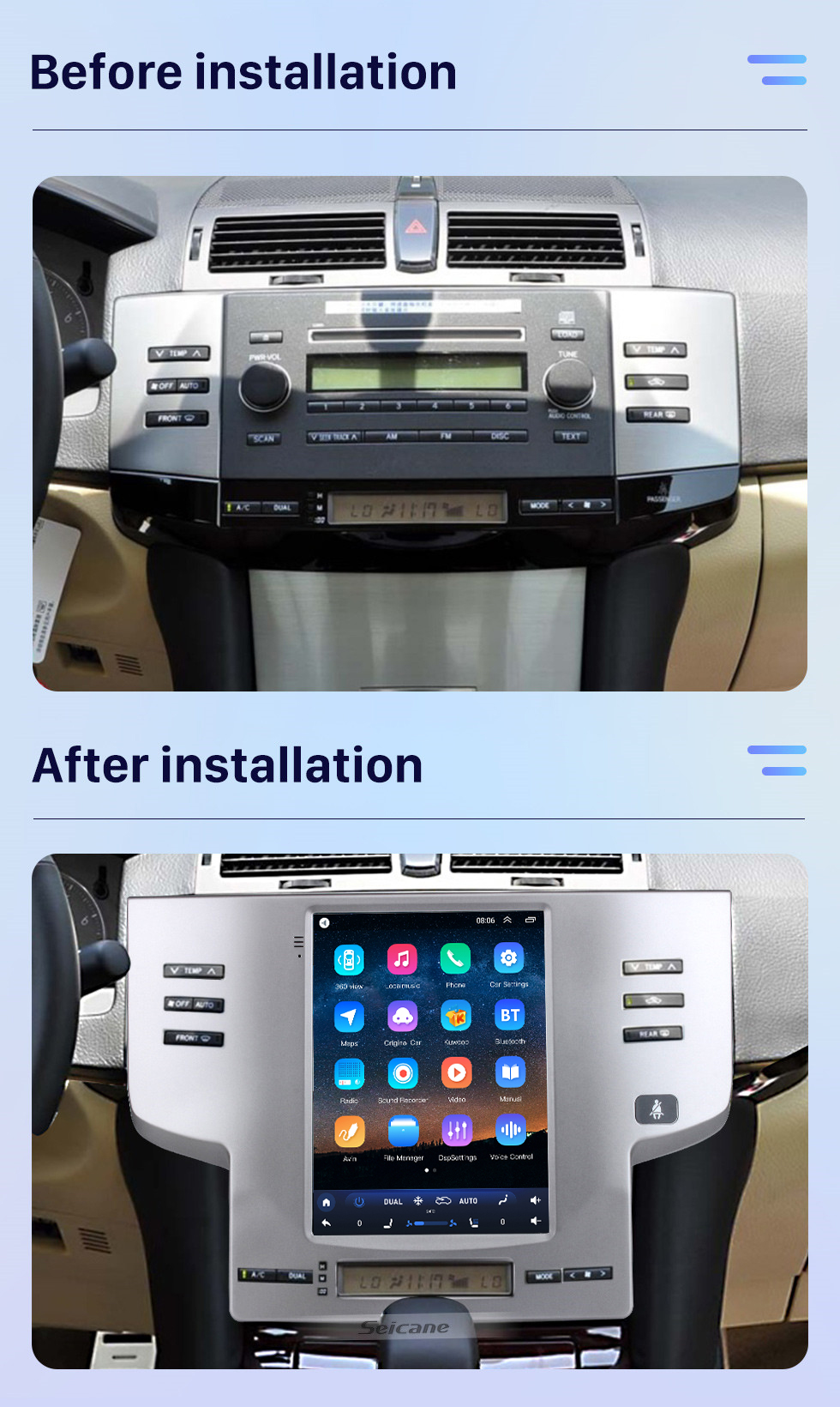 Seicane 9,7 pouces Android 10.0 pour 2008-2009 Toyota Reiz Radio Système de navigation GPS avec écran tactile HD Prise en charge Bluetooth Carplay TPMS