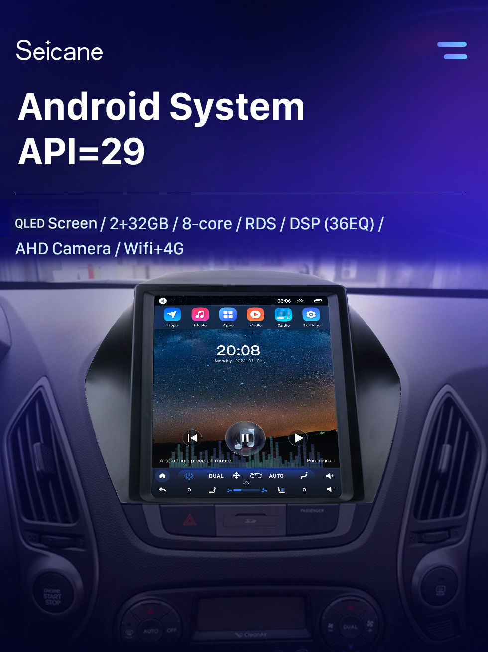 Seicane 2010 2011 2012 2013 2014 2015 Hyundai IX35 HD Écran tactile 9,7 pouces Android 10.0 Autoradio GPS Navigation Radio Bluetooth téléphone Musique Wifi prise en charge DVR OBD2 Caméra de recul SWC DVD 4G