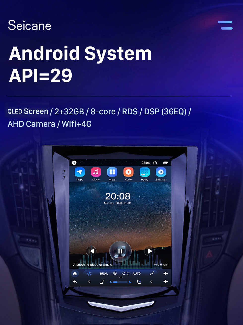Seicane 9,7-Zoll-HD-Touchscreen-Android 10.0-Autoradio für 2011–2019 Cadillac ATS XTS ATSL SRX CTS mit integriertem DSP, Carplay 4G-Unterstützung, Lenkradsteuerung, Digital-TV-DVR
