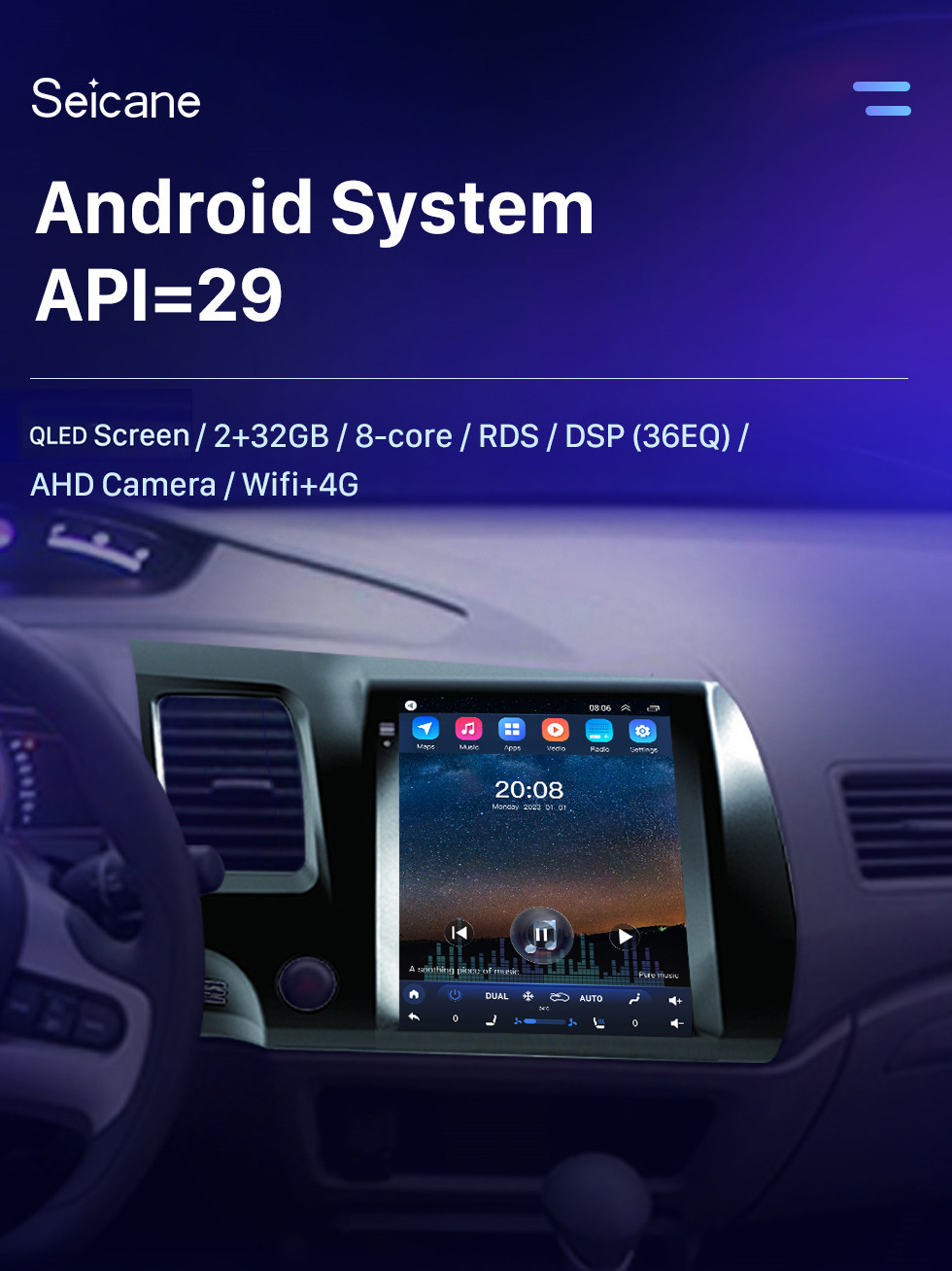 Seicane 9,7-Zoll-HD-Touchscreen für 2004-2009 Honda Civic LHD Android 10.0 Autoradio-Autoradio mit integriertem Bluetooth Carplay DSP-Unterstützung 360°-Kamera DVR