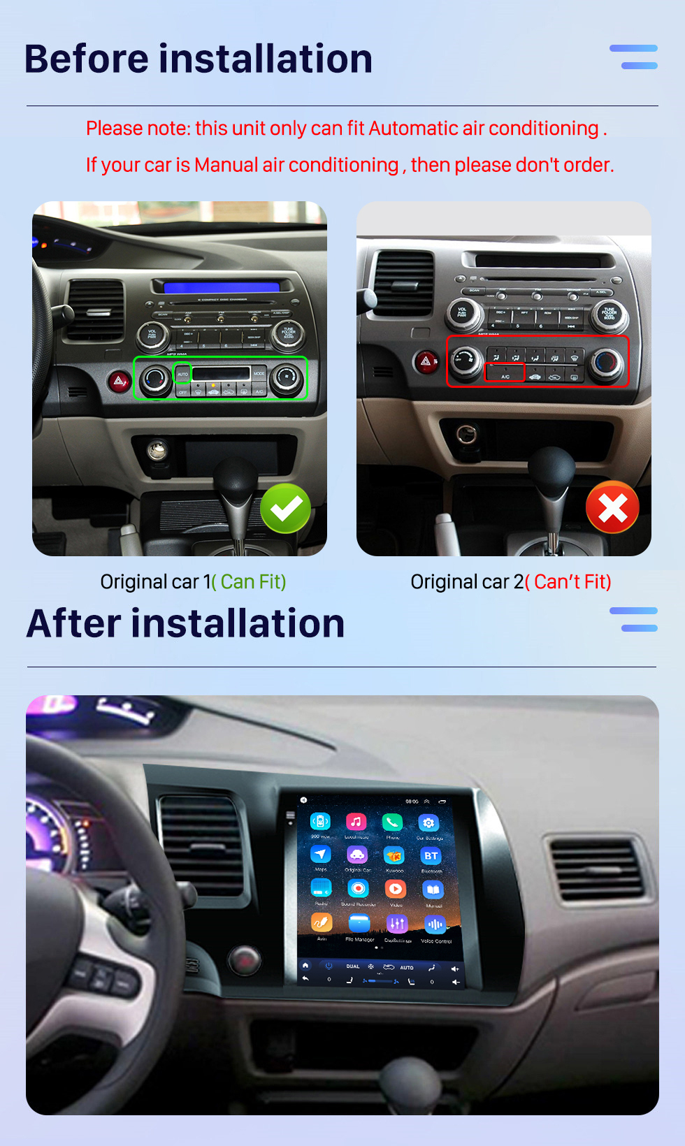 Seicane Écran tactile HD 9,7 pouces pour 2004-2009 Honda Civic LHD Android 10.0 Autoradio Système stéréo de voiture avec Bluetooth intégré Carplay DSP Prise en charge 360 ° Caméra DVR