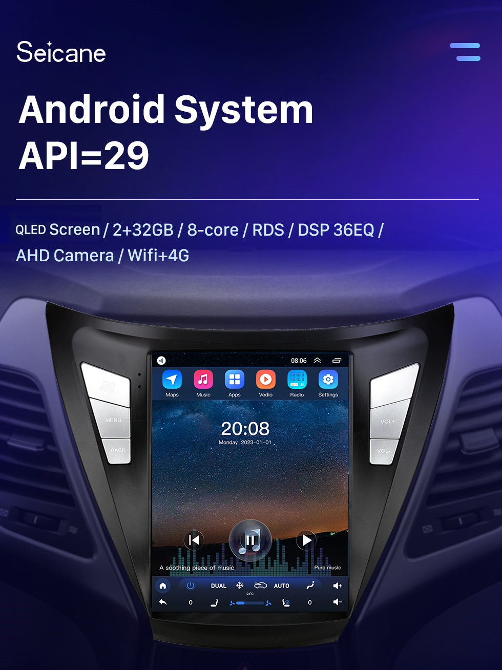 Seicane OEM 9,7 polegadas Android 10.0 para 2013-2016 HYUNDAI ELANTRA OVERSEAS EDITION LHD Rádio de navegação GPS com tela sensível ao toque Bluetooth WIFI suporte TPMS Carplay DAB +