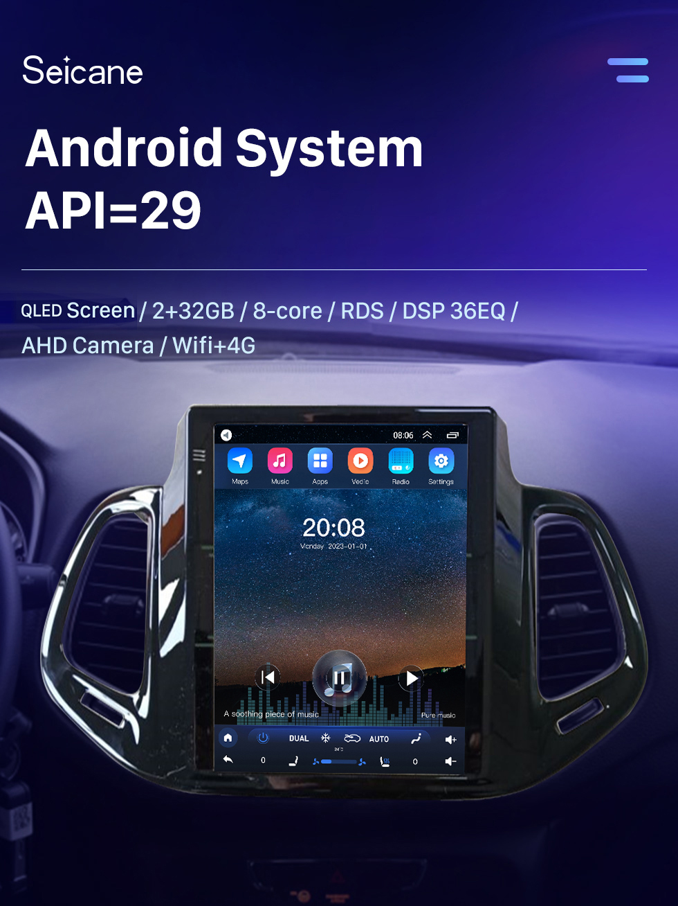 Seicane 9,7 Zoll für 2017 2018 Jeep Compass Android 10.0 Radio Stereo Head Unit mit GPS-Navigation USB Bluetooth WIFI Unterstützung DVR OBD2 TPMS Lenkradsteuerung