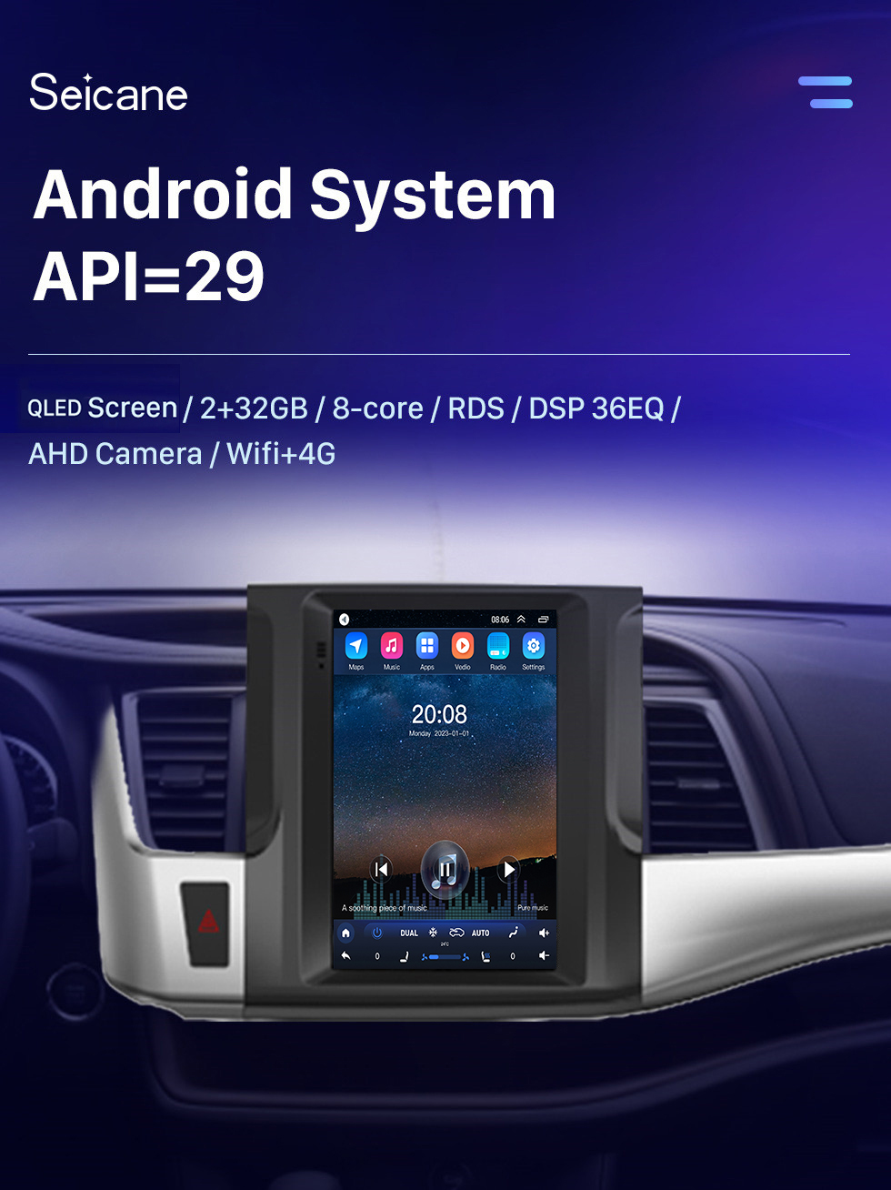 Seicane Android 10.0 9,7 дюйма для Toyota Highlander 2015-2018 гг. Радио с сенсорным экраном HD Система GPS-навигации Поддержка Bluetooth Carplay OBD2 Камера 360 °