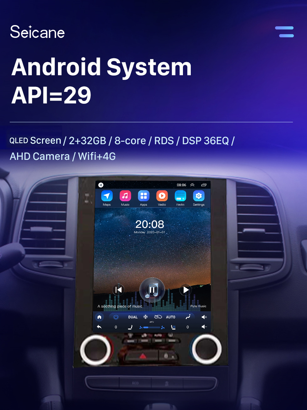 Seicane 2017-2018 Renault Koleos IOW EDA LOW-END Android 11.0 9.7 pulgadas Navegación GPS Radio Bluetooth HD Pantalla táctil WIFI USB Soporte Carplay TV digital DVR DSP
