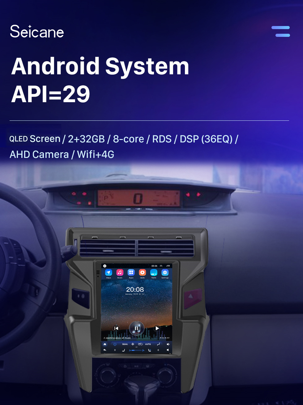 Seicane OEM Android 10.0 Radio para 2012-2016 Citroen Quatre (bajo) Bluetooth Wifi con pantalla táctil HD de 9.7 pulgadas Navegación GPS AUX USB compatible con Carplay DVR OBD2