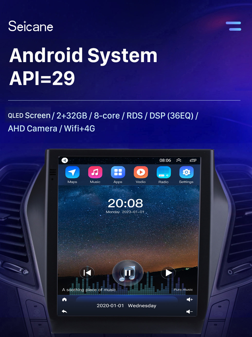 Seicane 2013 2014-2017 Hyundai Santa Fe IX45 Sonata 9.7 inch HD Touchscreen Android 10.0 GPS Car Stereo Audio with Bluetooth Carplay FM AUX WIFI support Rearview Camera Digital TV OBD2 DVD TPMS