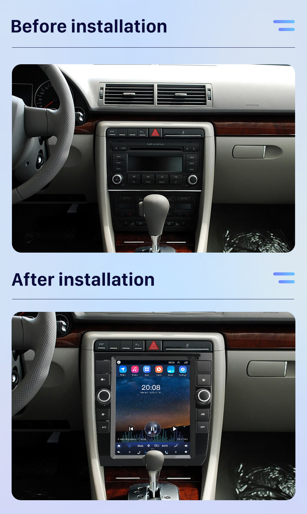 Seicane Para 2002-2008 Audi A4 atualizado Android 10 Rádio estéreo com tela sensível ao toque de 9,7 polegadas Carplay integrado Suporte DSP Navegação 3D Controle de volante Câmera 360 ° Seicane Para 2002-2008 Audi A4 atualizado Android 10 Rádio estéreo com tela sensível ao toque de 9,7 polegadas Carplay integrado Suporte DSP Navegação 3D Controle de volante Câmera 360 °
