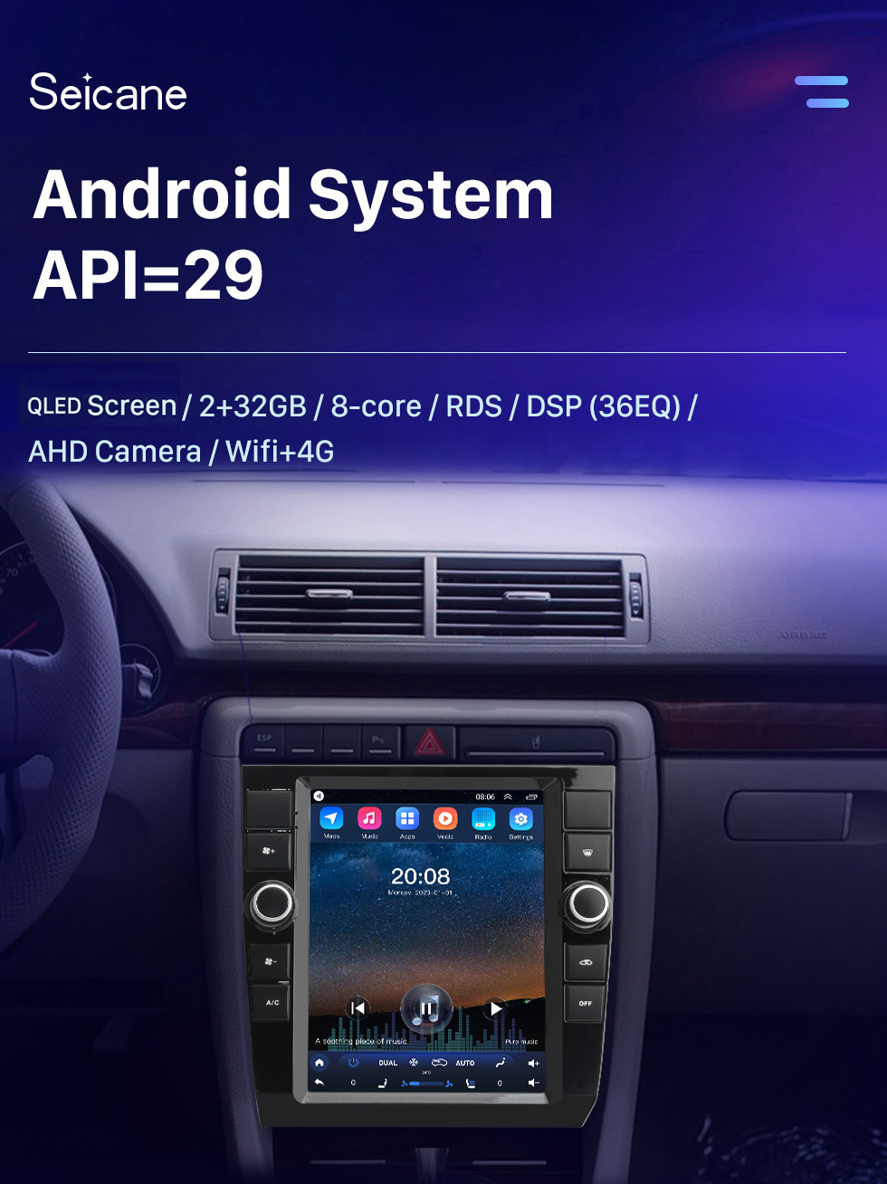 For 2002-2008 Audi A4 Upgraded Android 10 Radio Stereo with 9.7 Inch  Touchscreen Built-in Carplay DSP support 3D Navigation Steering Wheel  Control 360° Camera